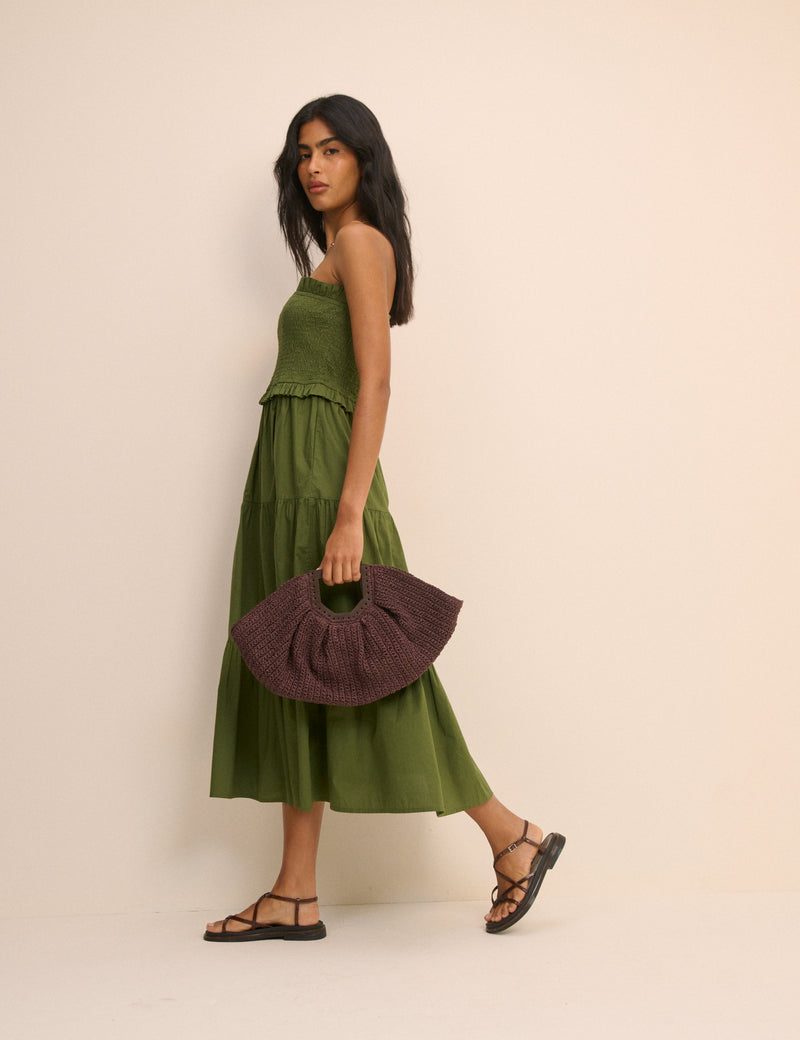 Khaki Shirred Bandeau Tiered Eva Midi Dress