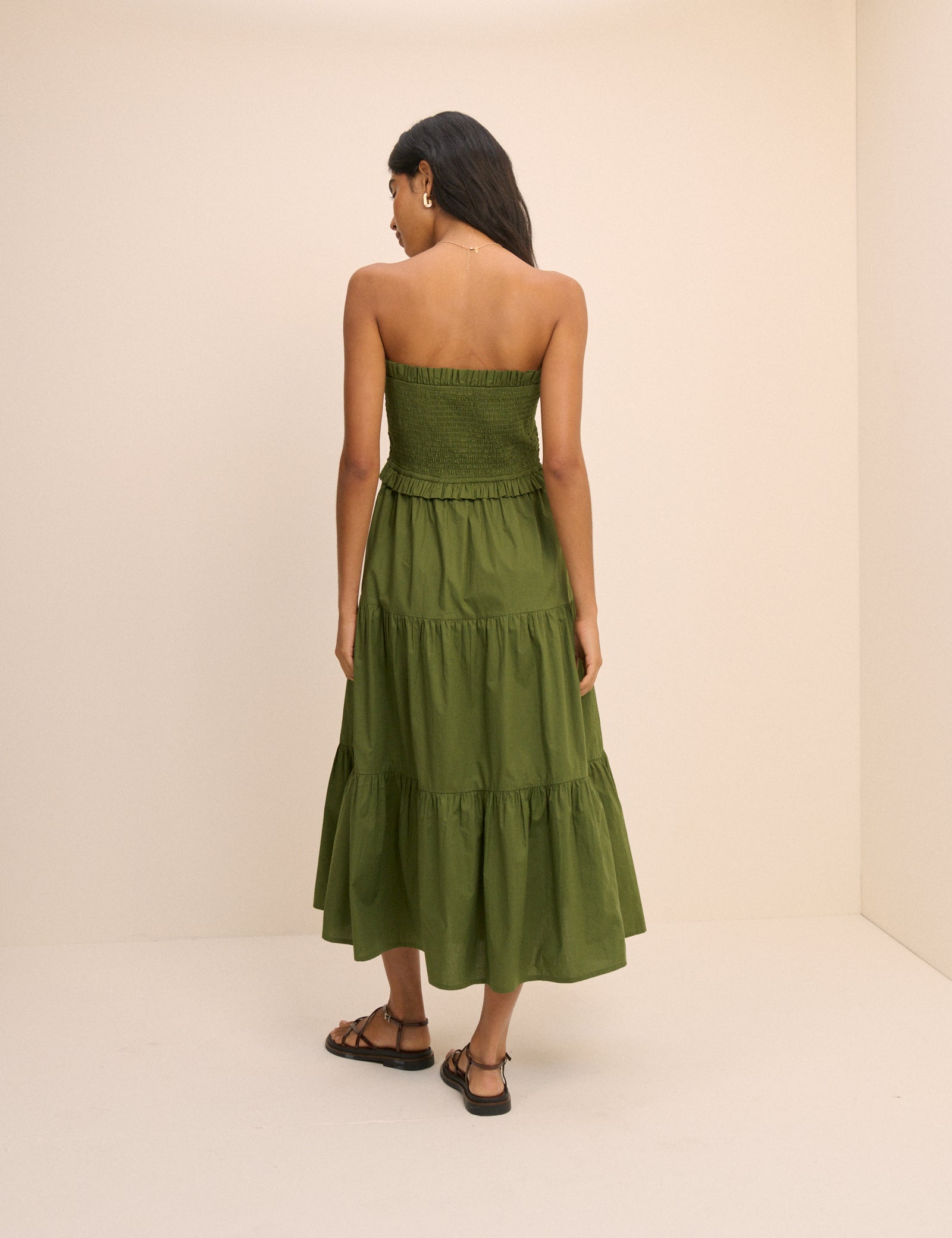 Khaki Shirred Bandeau Tiered Eva Midi Dress