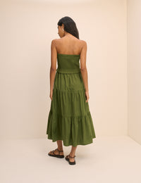 Khaki Shirred Bandeau Tiered Eva Midi Dress