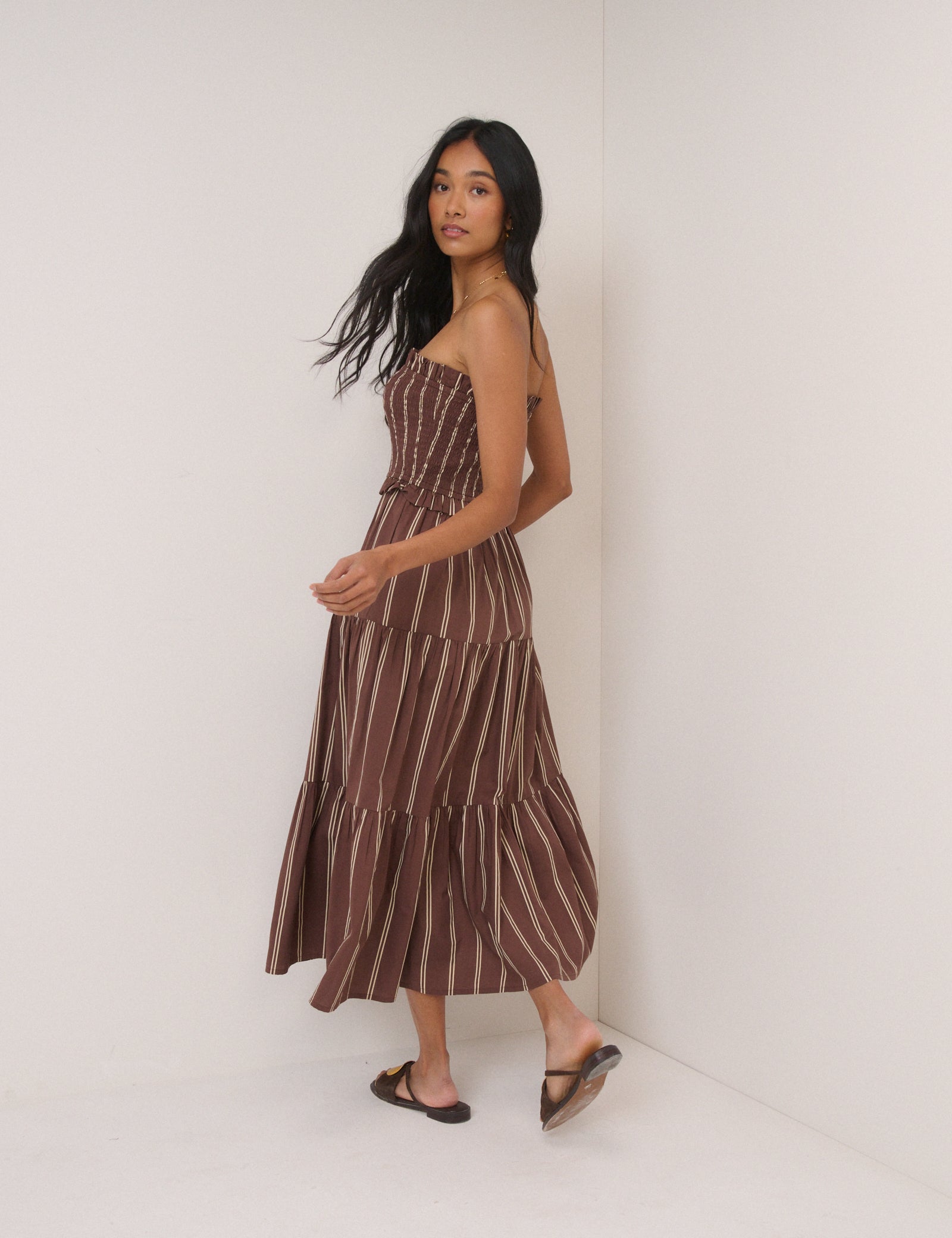 Brown Striped Eva Midi Bandeau Dress