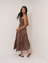 Brown Striped Eva Midi Bandeau Dress