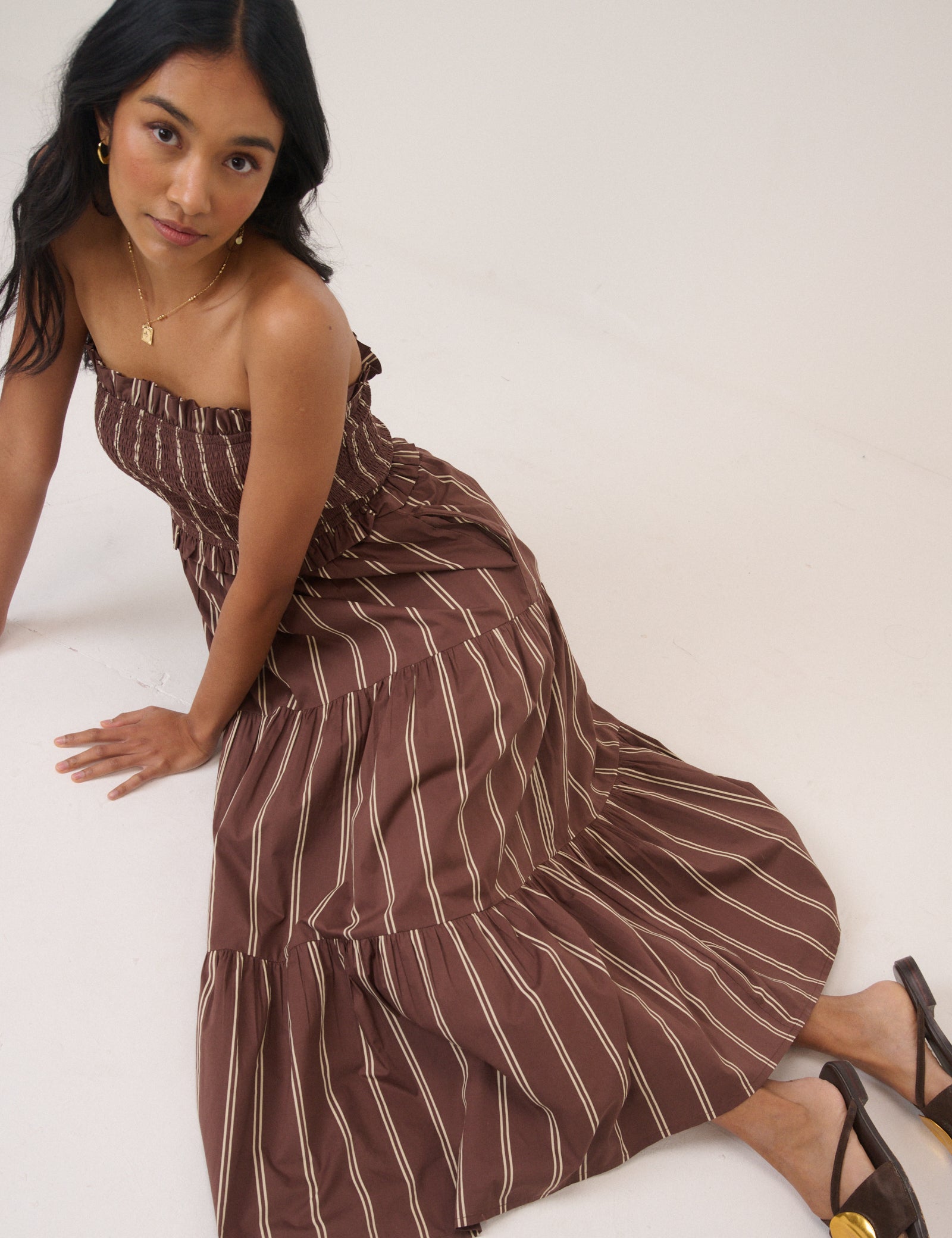 Brown Striped Eva Midi Bandeau Dress