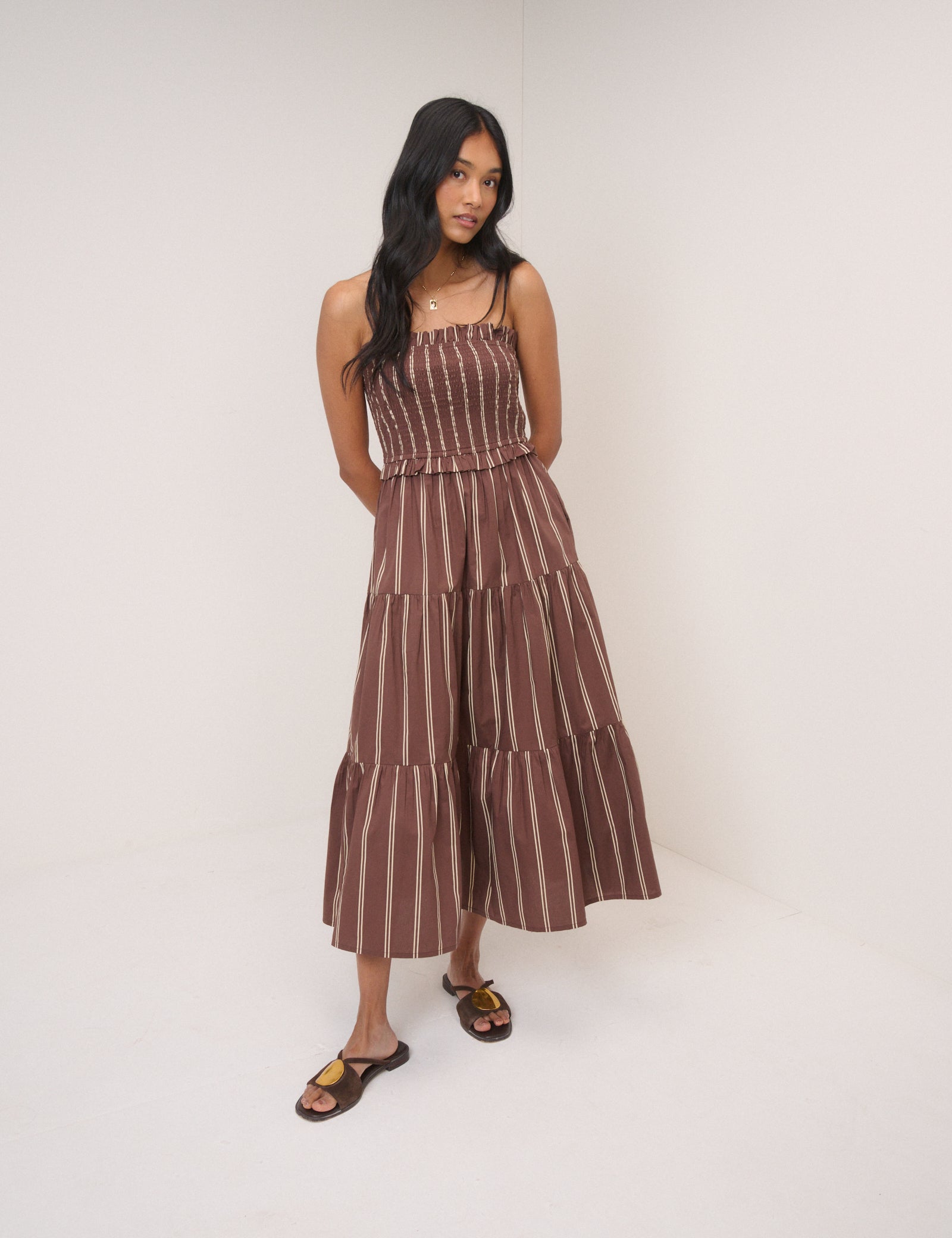 Brown Striped Eva Midi Bandeau Dress