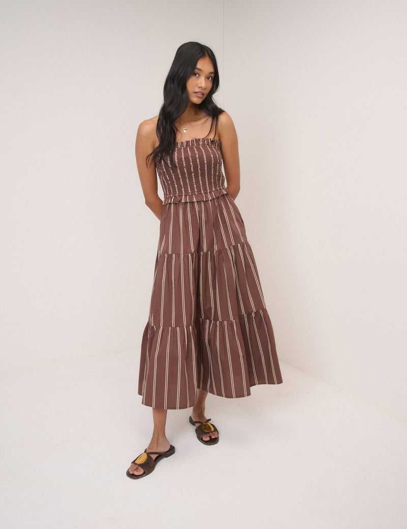 Bandeau Sleeveless Midi Dress With Shirred Bodice And