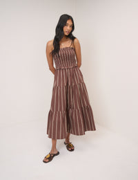 Brown Striped Eva Midi Bandeau Dress
