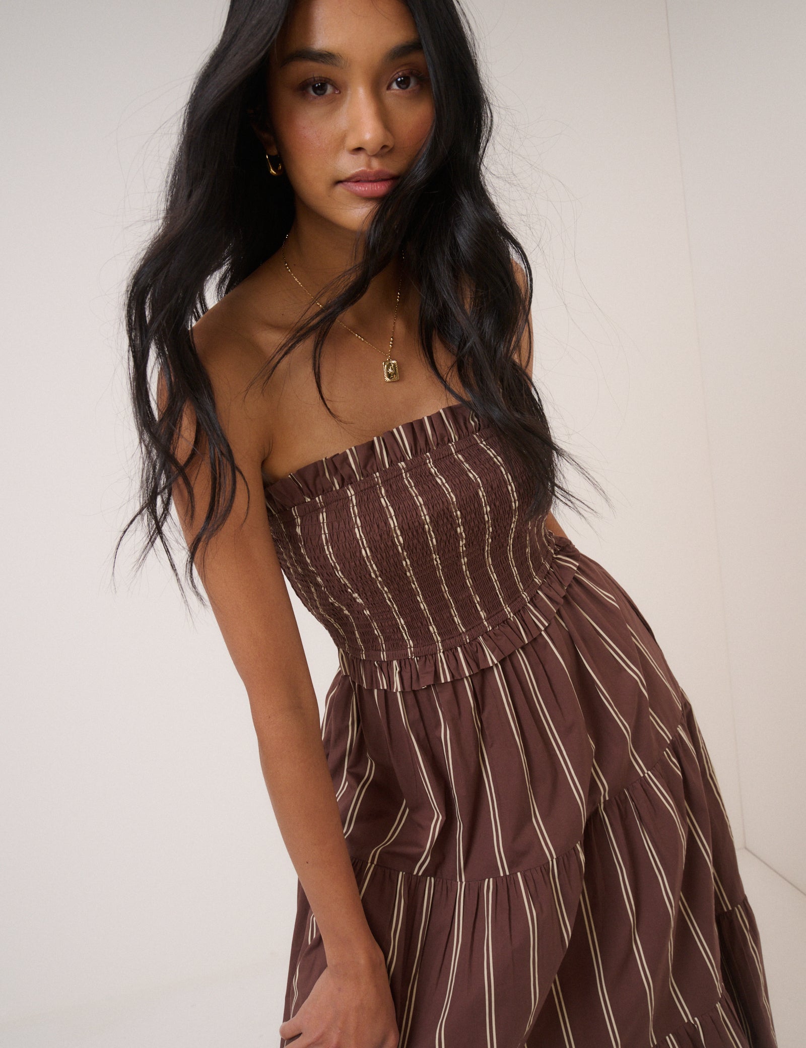 Brown Striped Eva Midi Bandeau Dress Brown Striped Eva Midi Bandeau Dress
