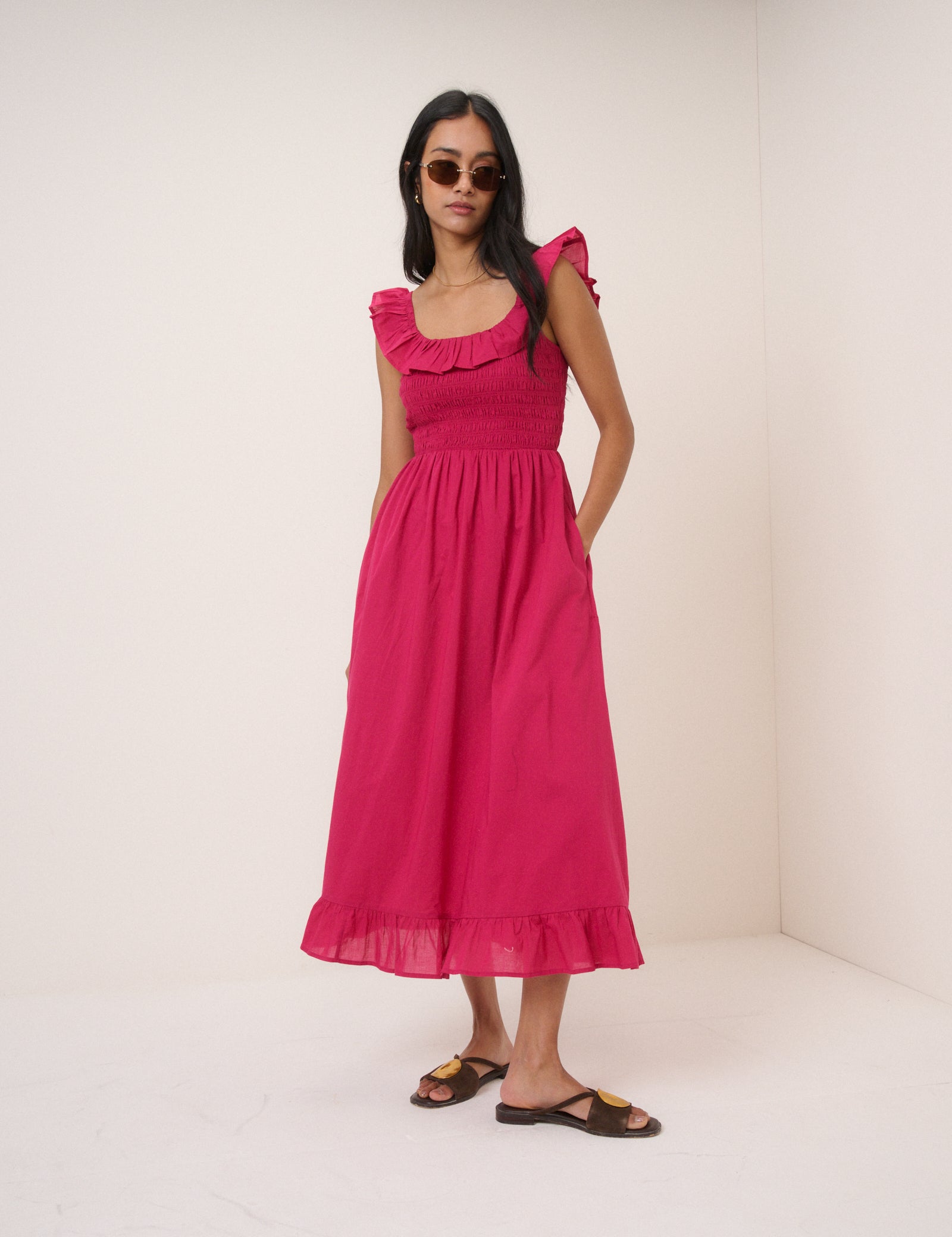 Pink Shirred Mona Midi Dress