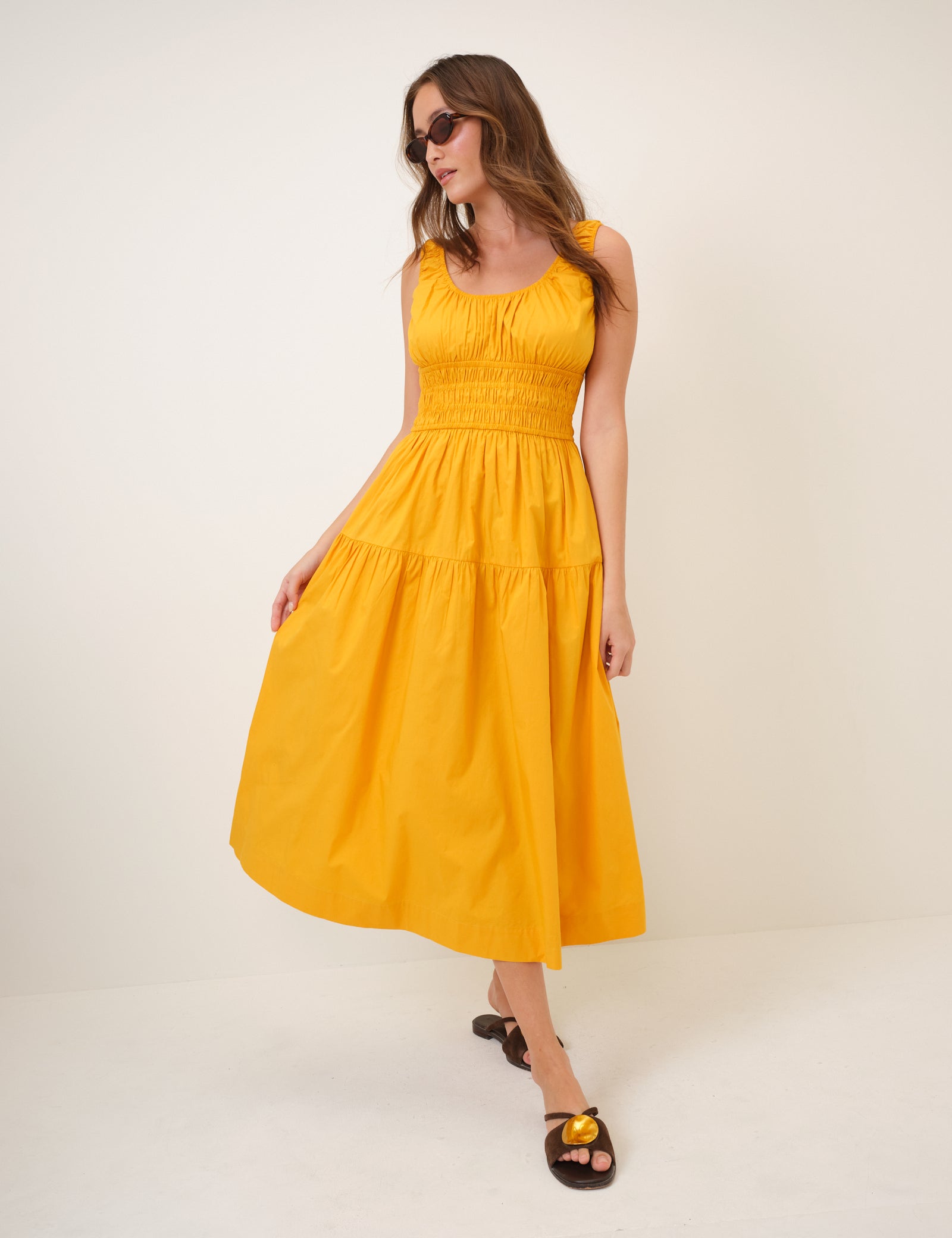 Yellow Shirred Scoop Neck Juliette Midi Dress