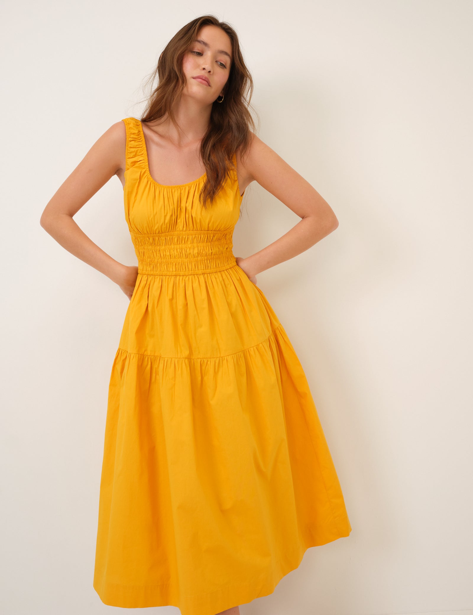 Yellow Shirred Scoop Neck Juliette Midi Dress