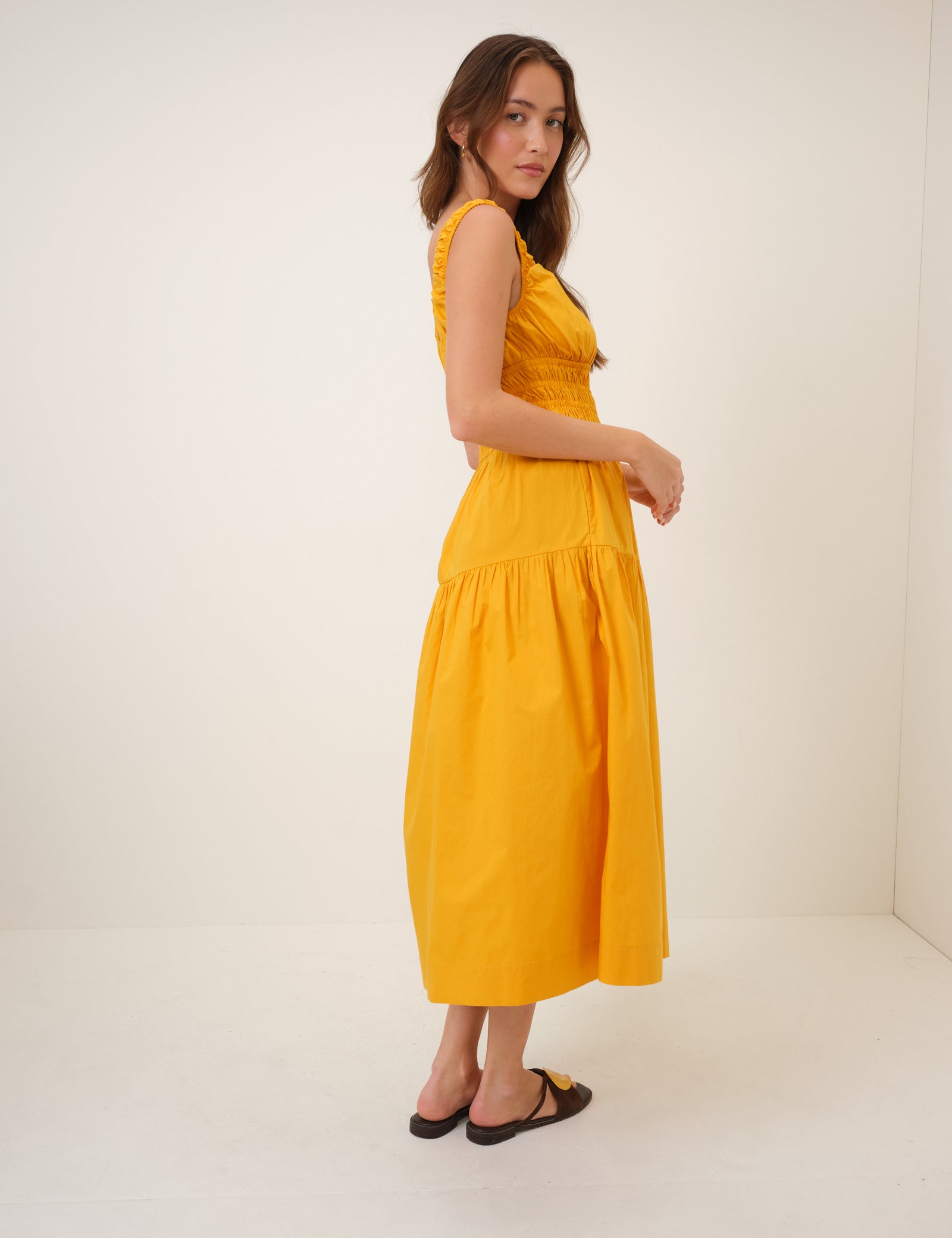 Yellow Shirred Scoop Neck Juliette Midi Dress