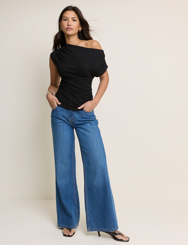Black Draped Off Shoulder Jersey Top