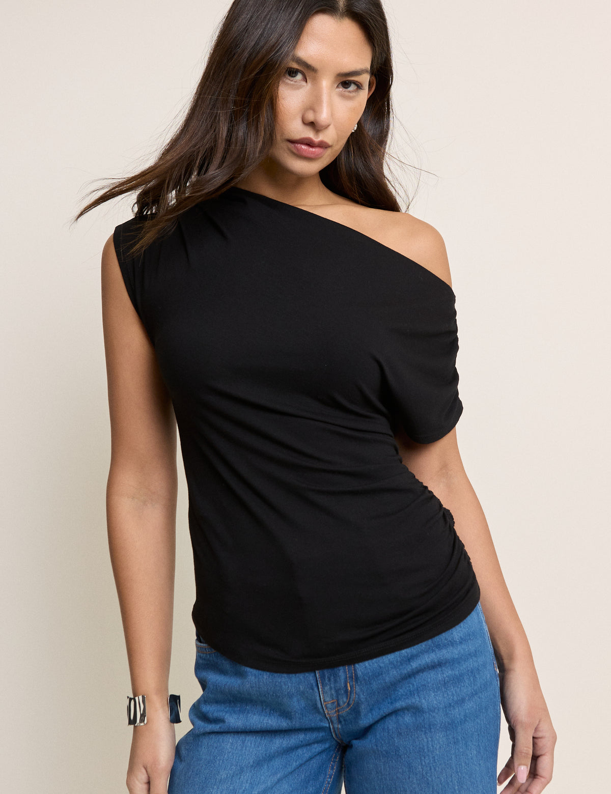 Black Draped Off Shoulder Jersey Top