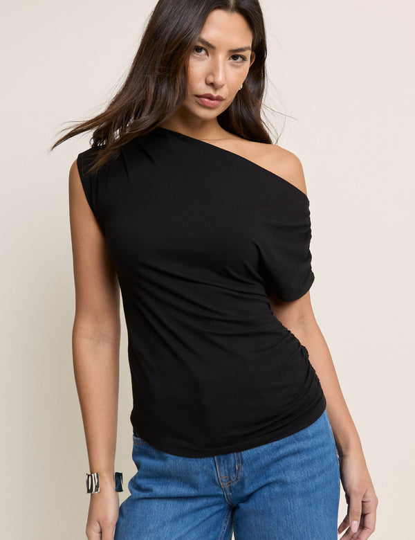 Black Draped Off Shoulder Jersey Top