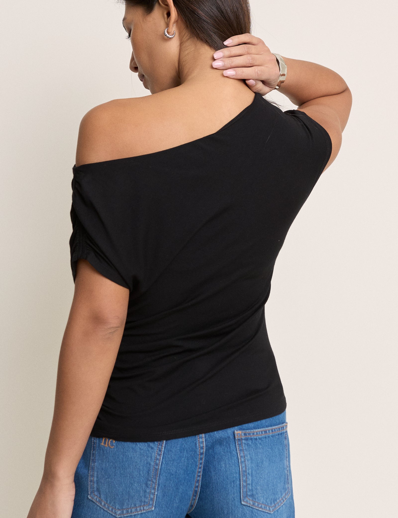 Black Draped Off Shoulder Jersey Top