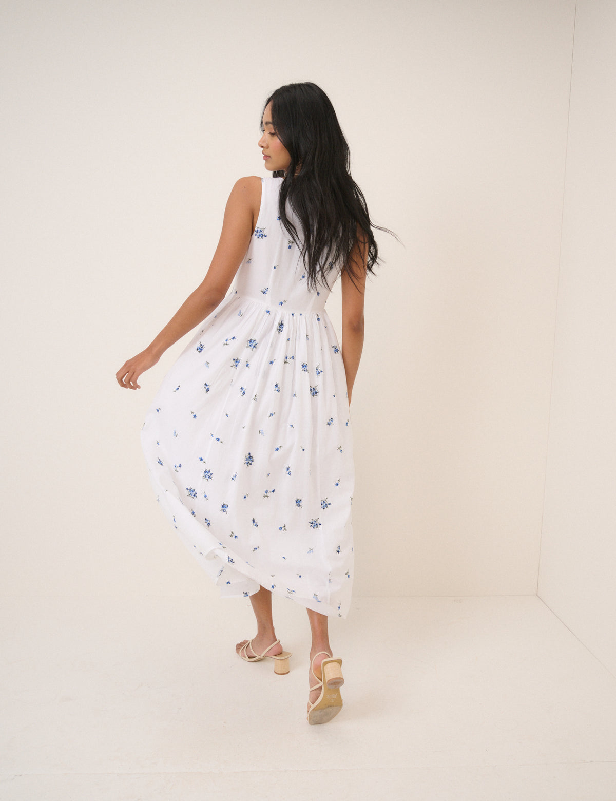White Floral Drop Waist Cora Midi Dress