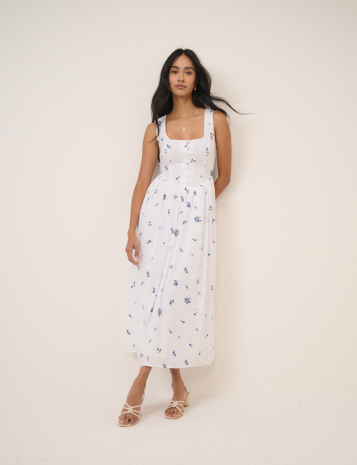 White Floral Drop Waist Cora Midi Dress