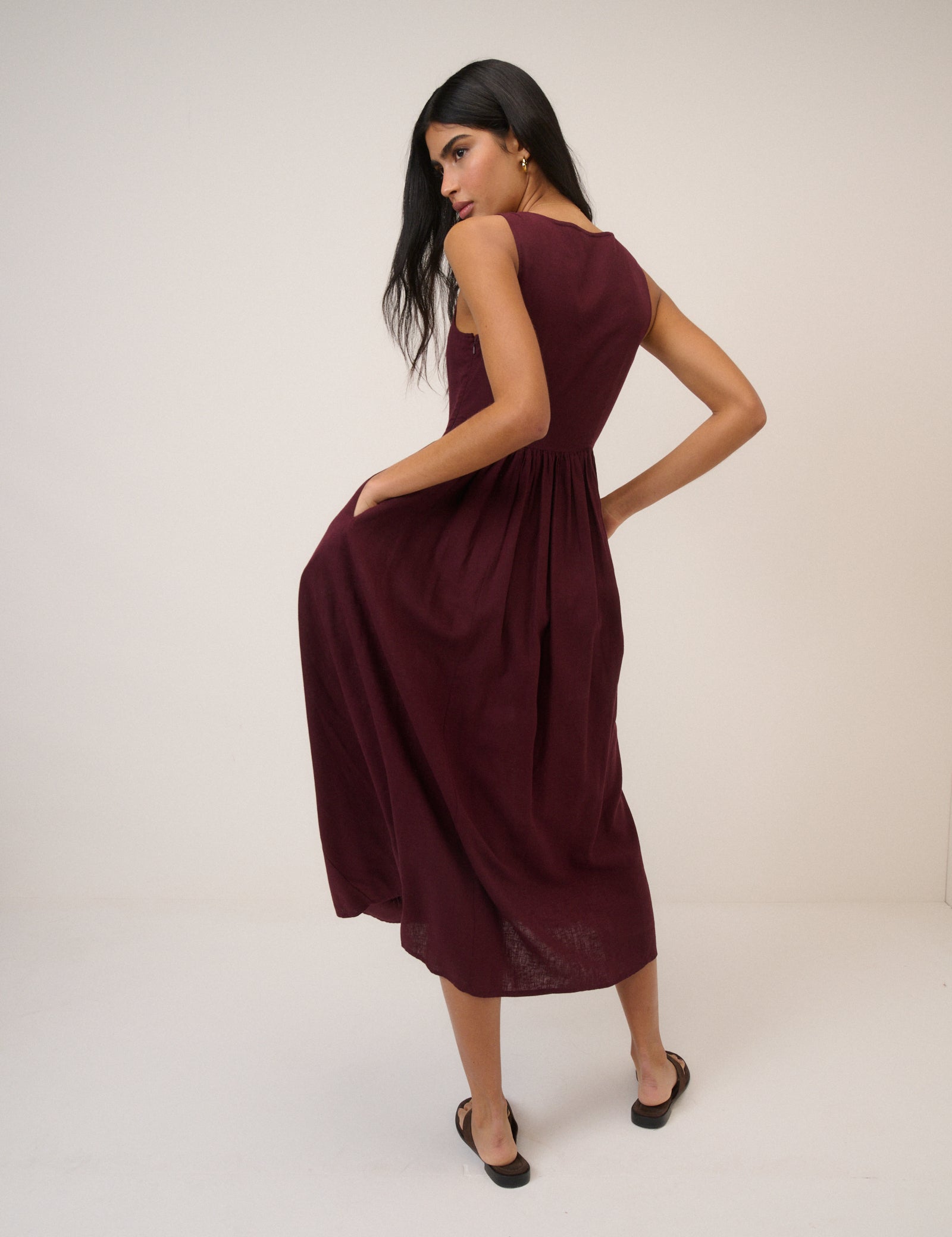 Plum Linen-Blend Drop Waist Cora Midi Dress Plum Linen-Blend Drop Waist Cora Midi Dress