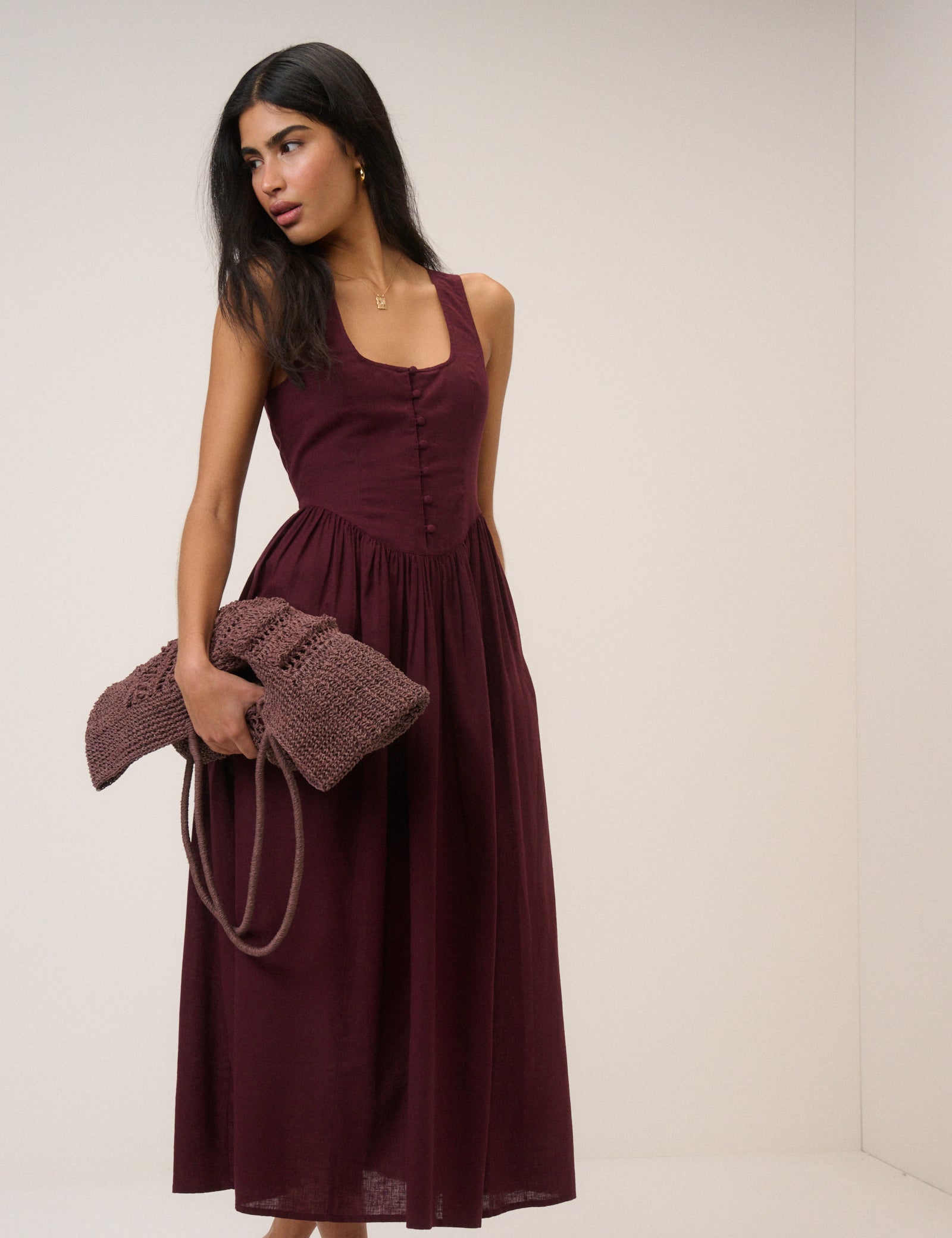 Plum Linen-Blend Drop Waist Cora Midi Dress Plum Linen-Blend Drop Waist Cora Midi Dress
