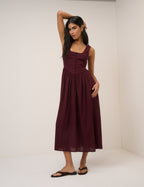 Plum Linen-Blend Drop Waist Cora Midi Dress
