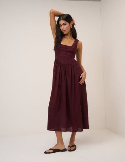 Plum Linen-Blend Drop Waist Cora Midi Dress