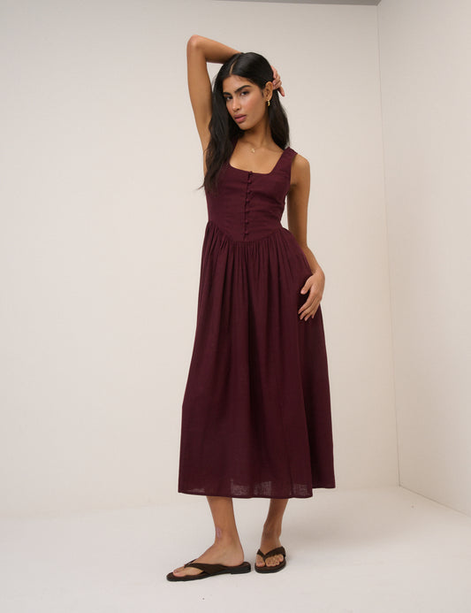 drop waist cotton & linen midi dress all in favor Straight Lace Temple Dress