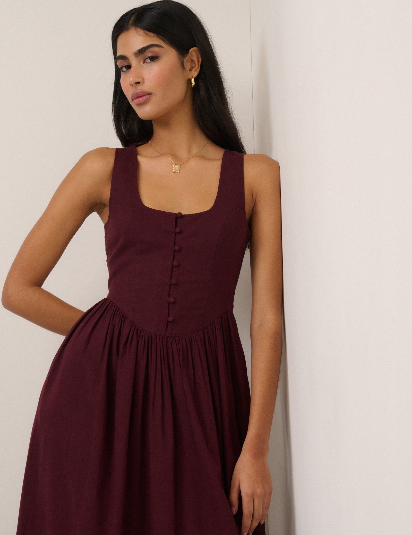 Plum Linen-Blend Drop Waist Cora Midi Dress Plum Linen-Blend Drop Waist Cora Midi Dress