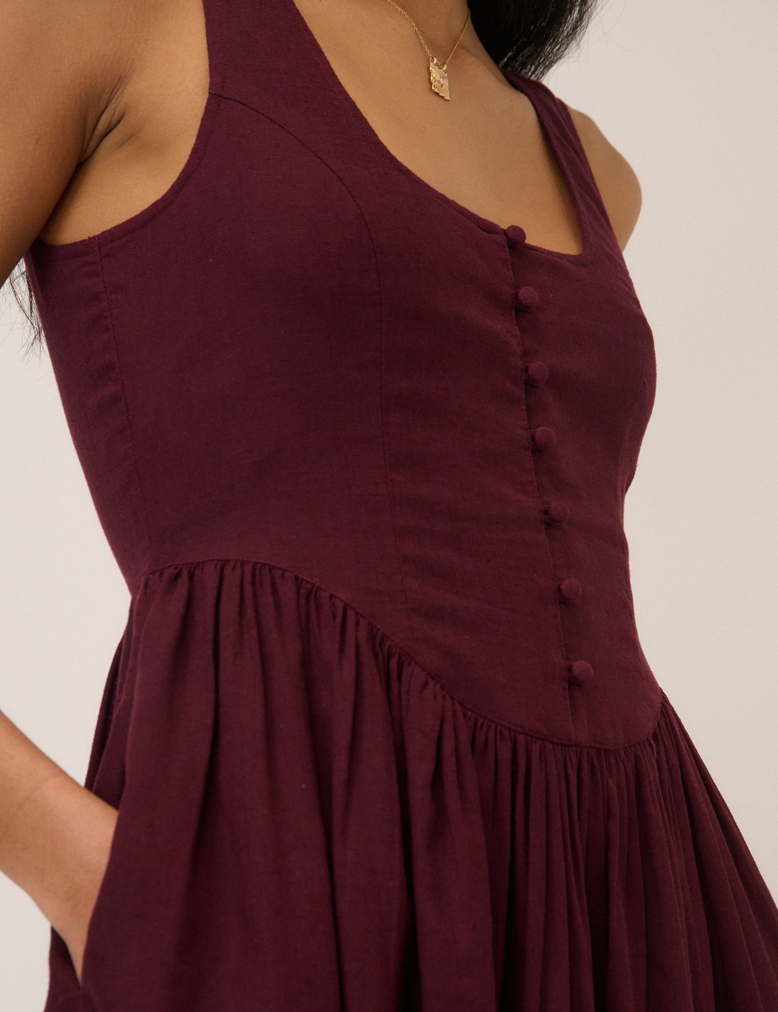 Plum Linen-Blend Drop Waist Cora Midi Dress Plum Linen-Blend Drop Waist Cora Midi Dress