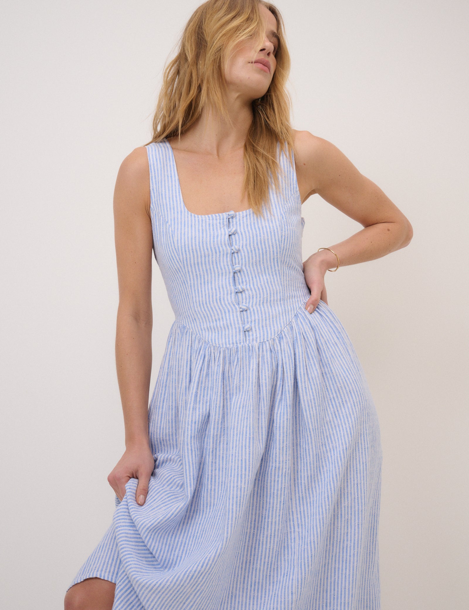 Blue Pinstripe Linen-Blend Drop Waist Cora Midi Dress Blue Pinstripe Linen-Blend Drop Waist Cora Midi Dress