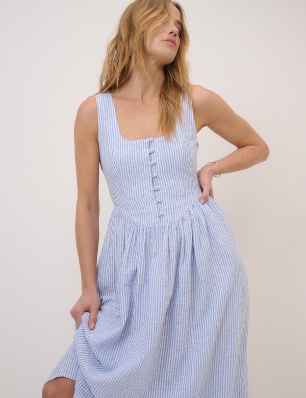 Blue Pinstripe Cora Midi Dress