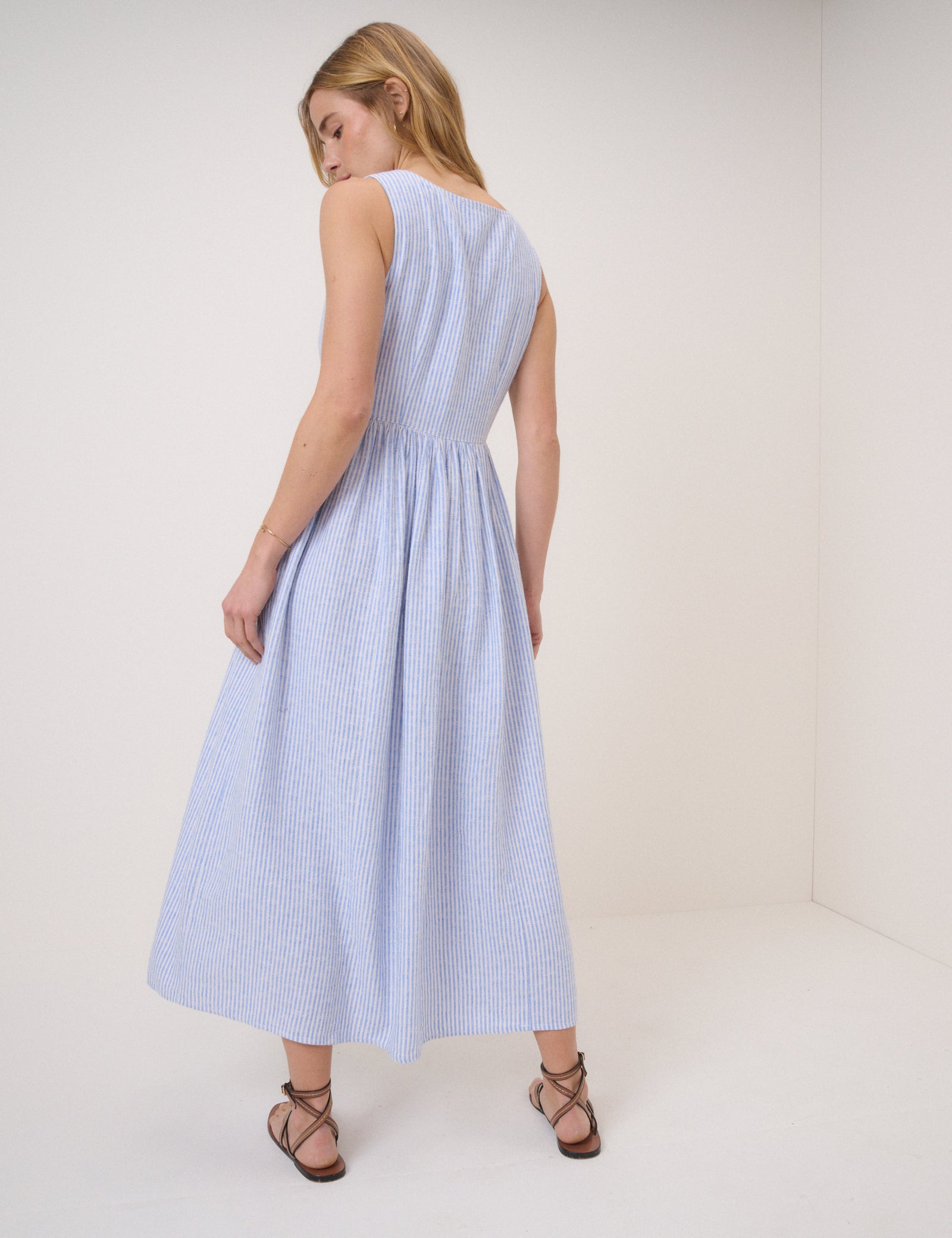 Blue Pinstripe Linen-Blend Drop Waist Cora Midi Dress Blue Pinstripe Linen-Blend Drop Waist Cora Midi Dress