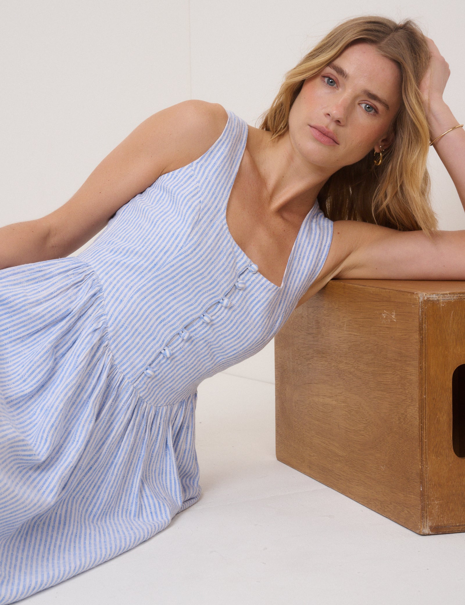 Blue Pinstripe Linen-Blend Drop Waist Cora Midi Dress Blue Pinstripe Linen-Blend Drop Waist Cora Midi Dress