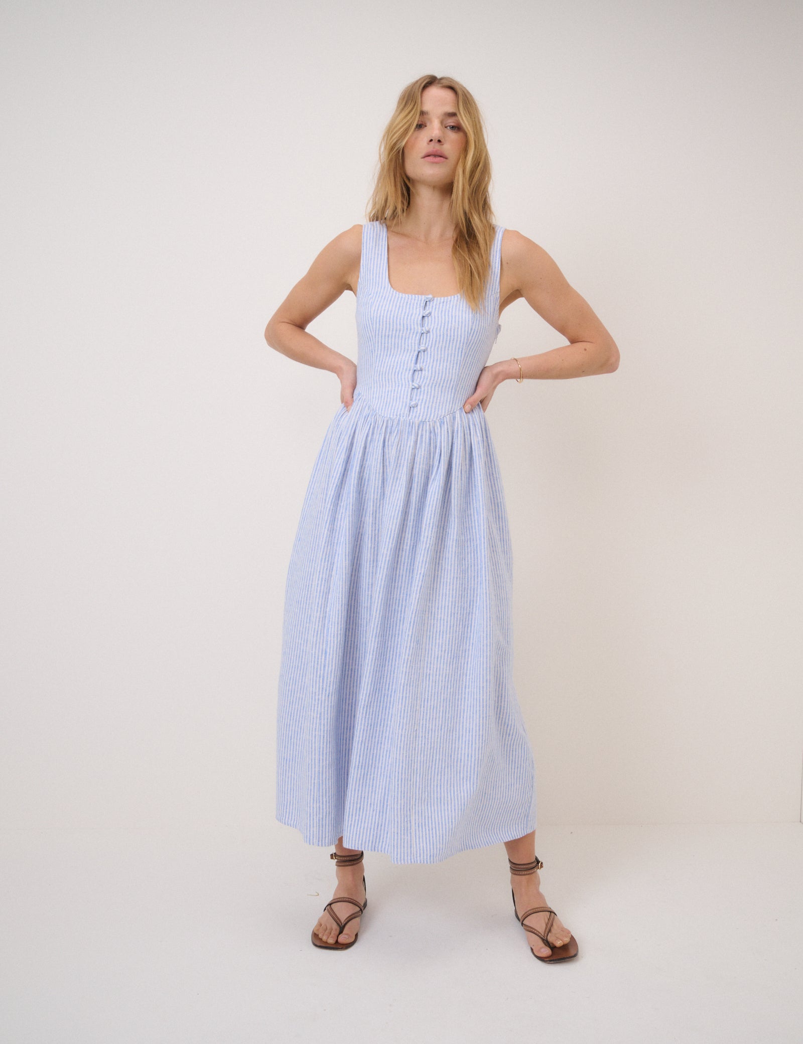 Blue Pinstripe Linen-Blend Drop Waist Cora Midi Dress Blue Pinstripe Linen-Blend Drop Waist Cora Midi Dress