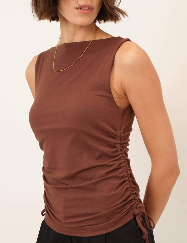 Brown Ruched Side Tie Top
