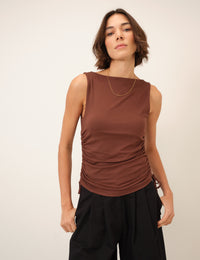 Brown Ruched Side Tie Top