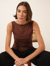 Brown Ruched Side Tie Top