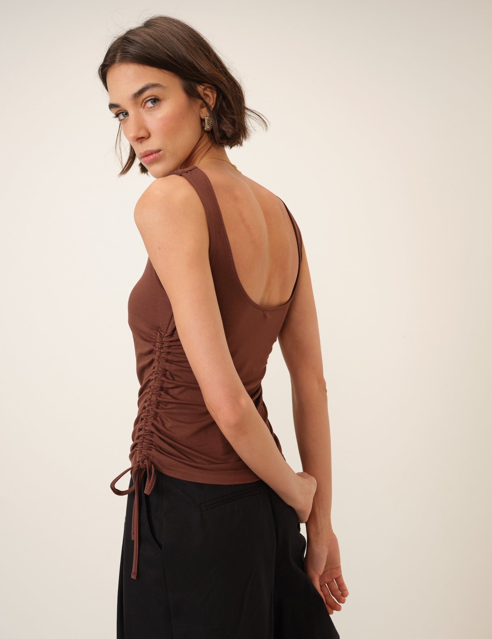 Brown Ruched Side Tie Top