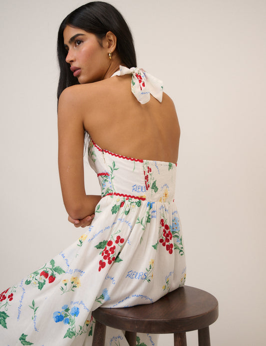 hallie ruched midi dress White Printed Halterneck Hallie Midi Dress