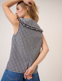 Black Gingham Ruffle Collar Button Through Top