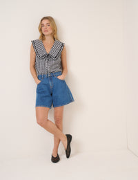 Black Gingham Ruffle Collar Button Through Top