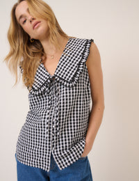 Black Gingham Ruffle Collar Button Through Top