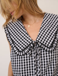 Black Gingham Ruffle Collar Button Through Top