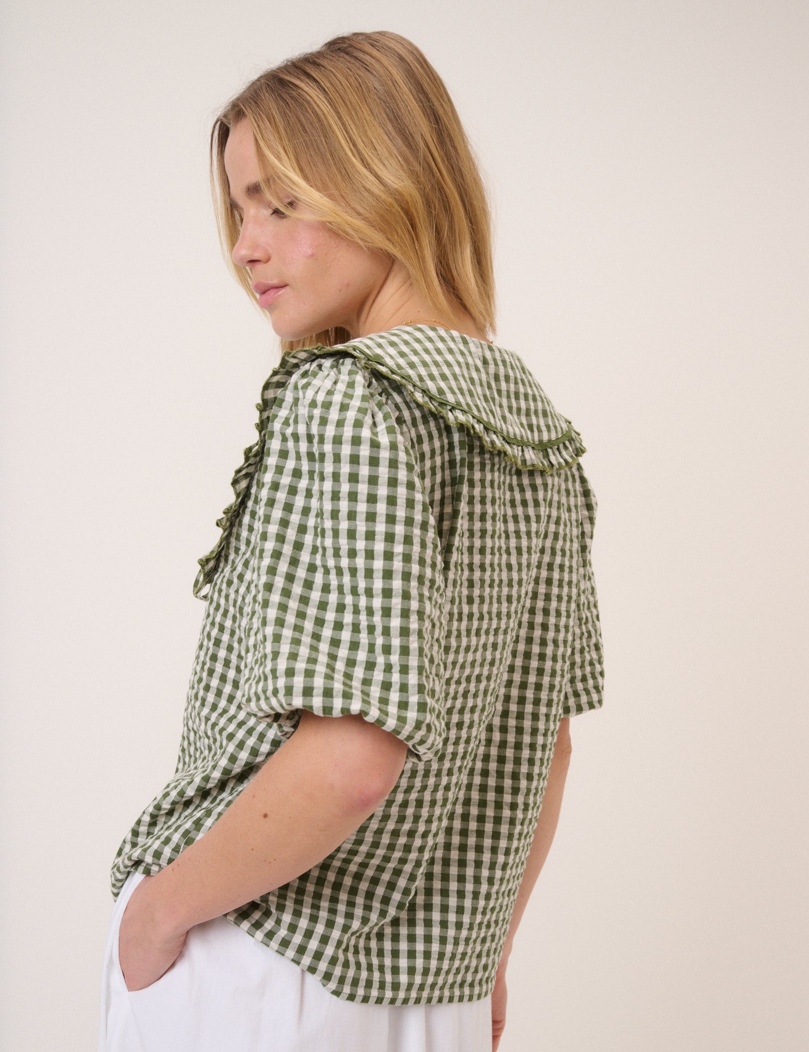 Green Gingham Ruffle Collar Blouse