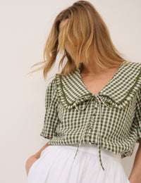 Green Gingham Ruffle Collar Blouse