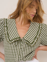 Green Gingham Ruffle Collar Blouse