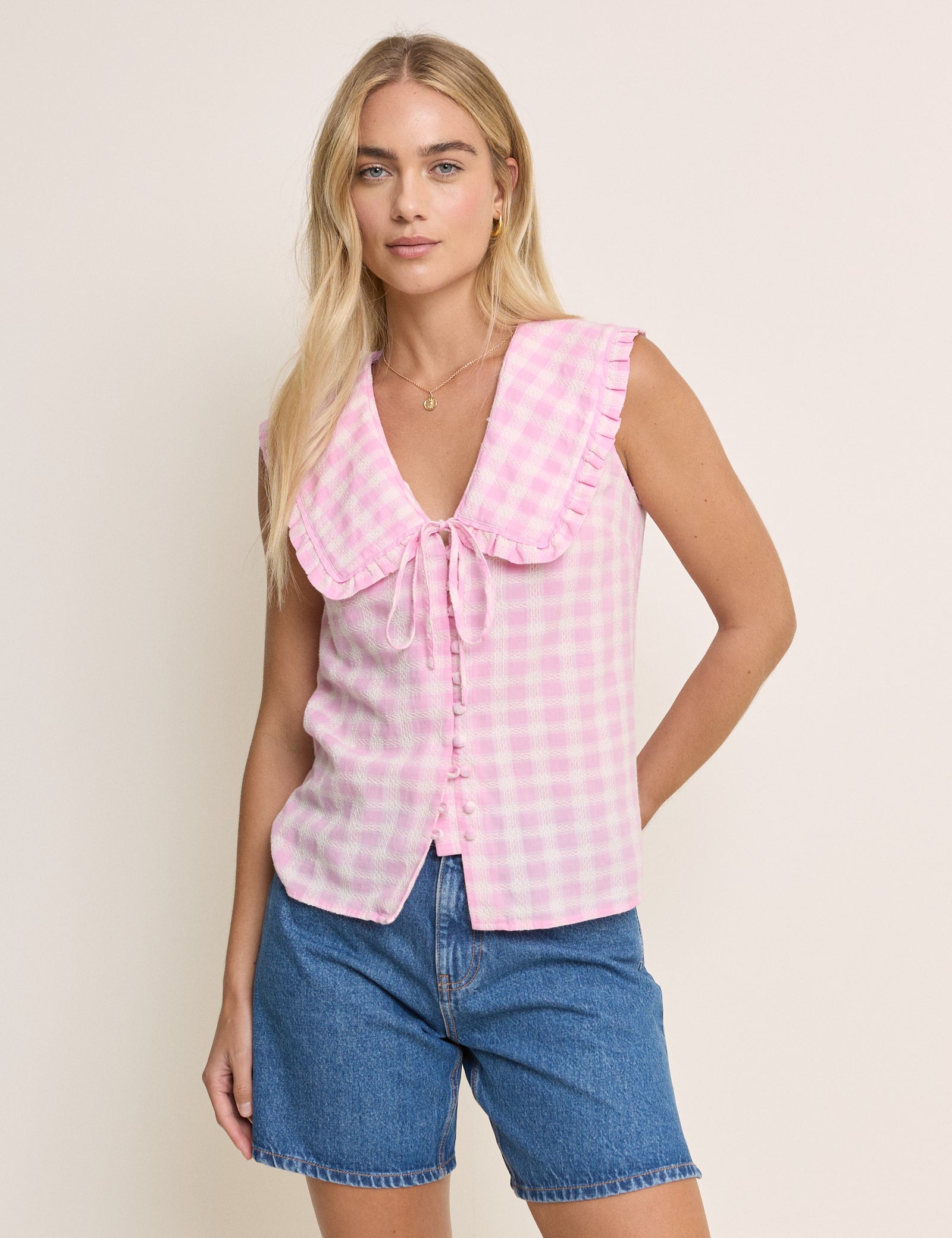 Pink Gingham Peter Pan Collar Blouse