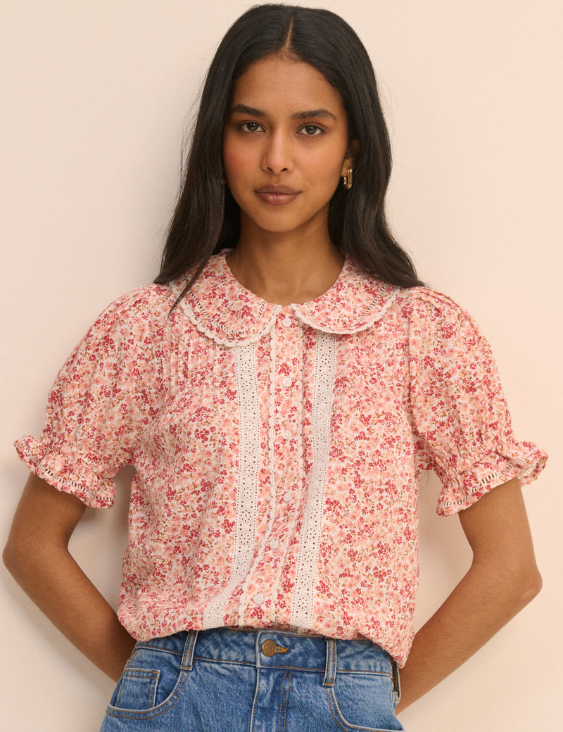 Pink Floral Broderie Anglaise Peter Pan Collar Blouse