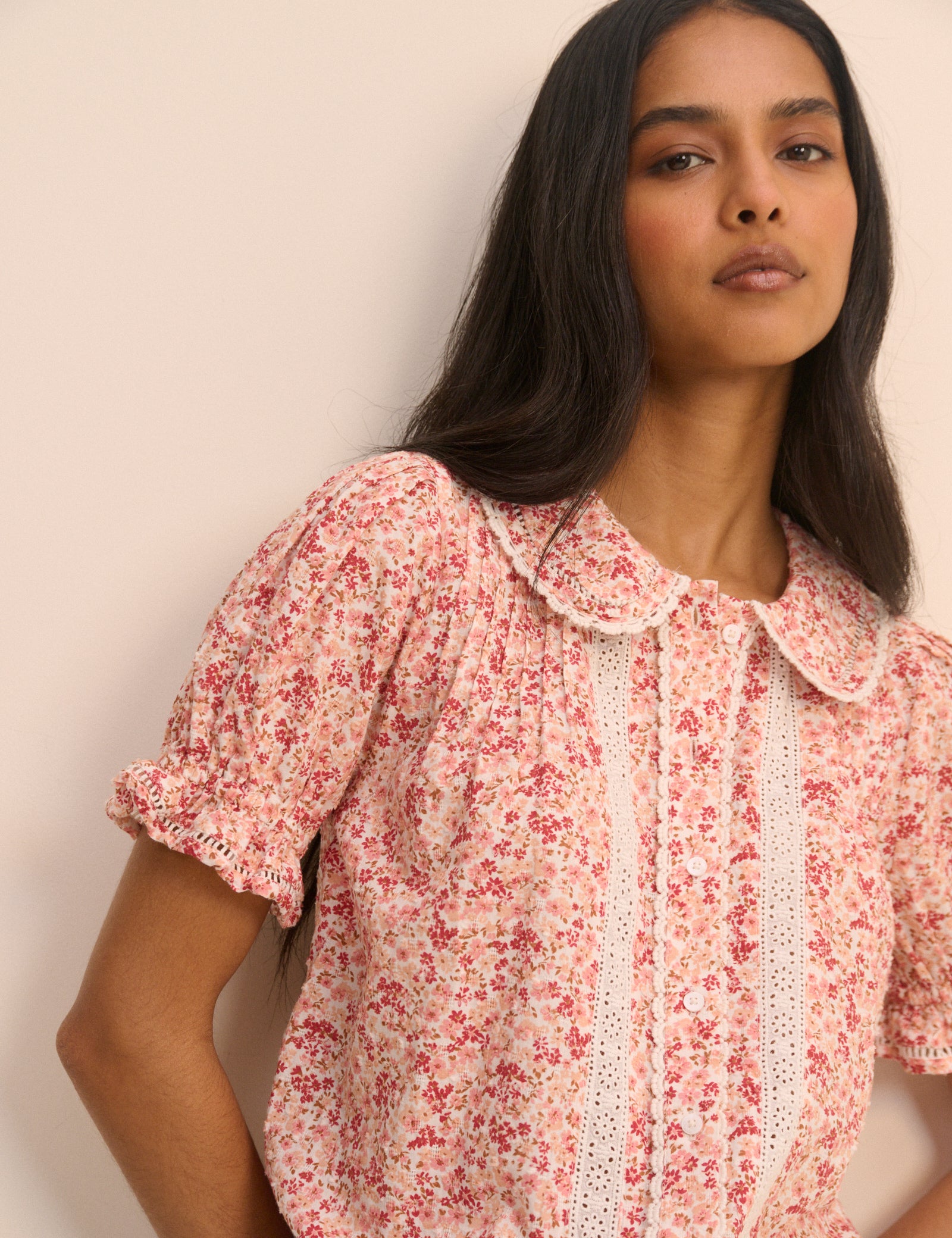 Pink Floral Broderie Anglaise Peter Pan Collar Blouse