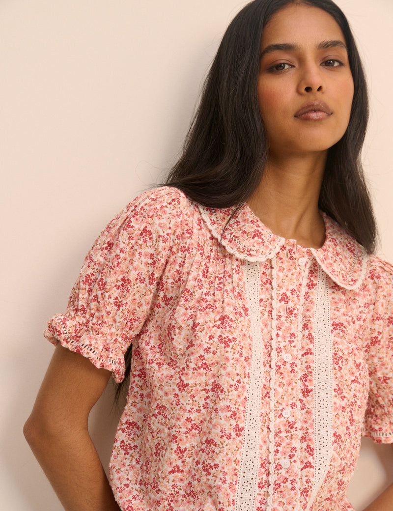 Pink Floral Broderie Anglaise Peter Pan Collar Blouse