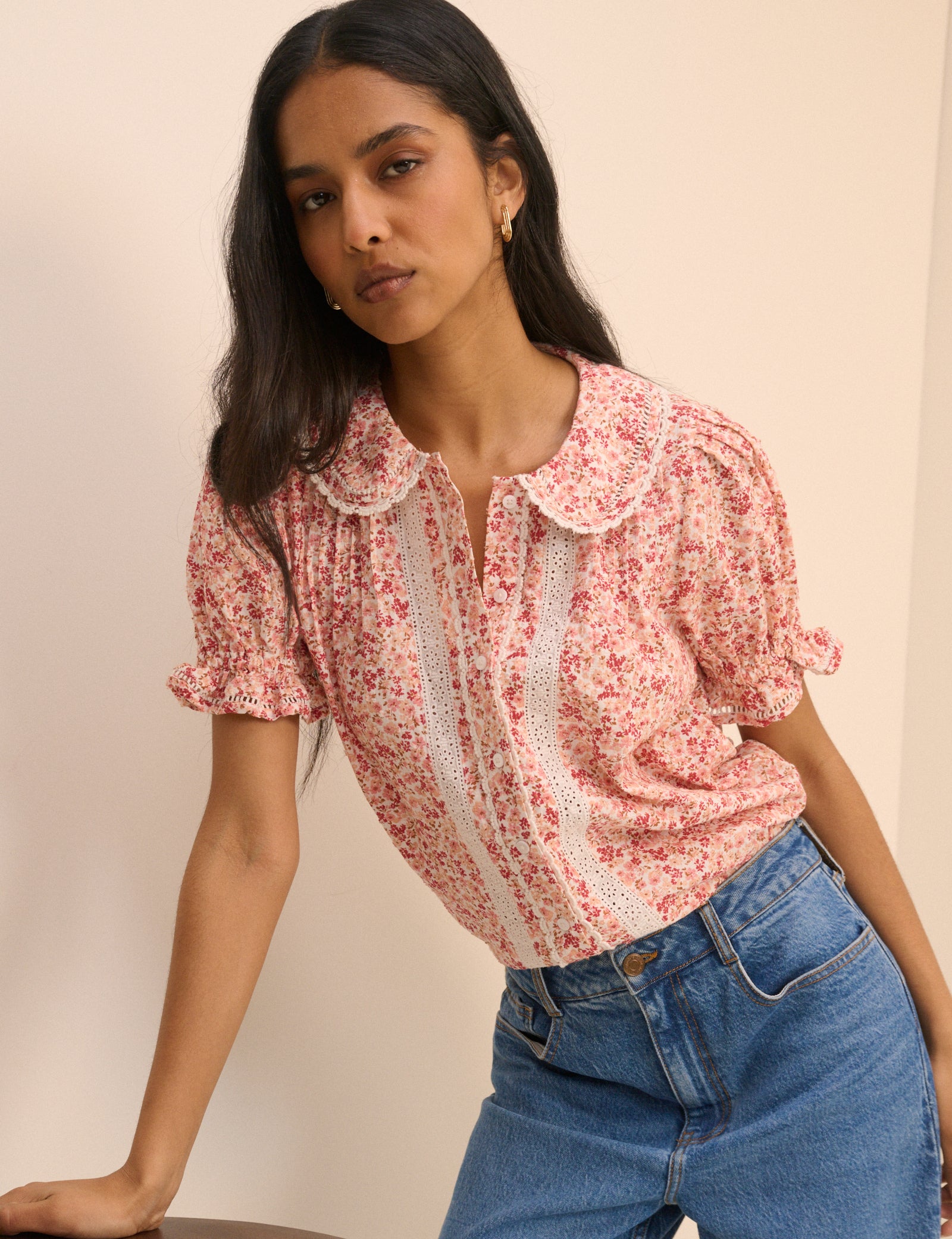 Pink Floral Broderie Anglaise Peter Pan Collar Blouse