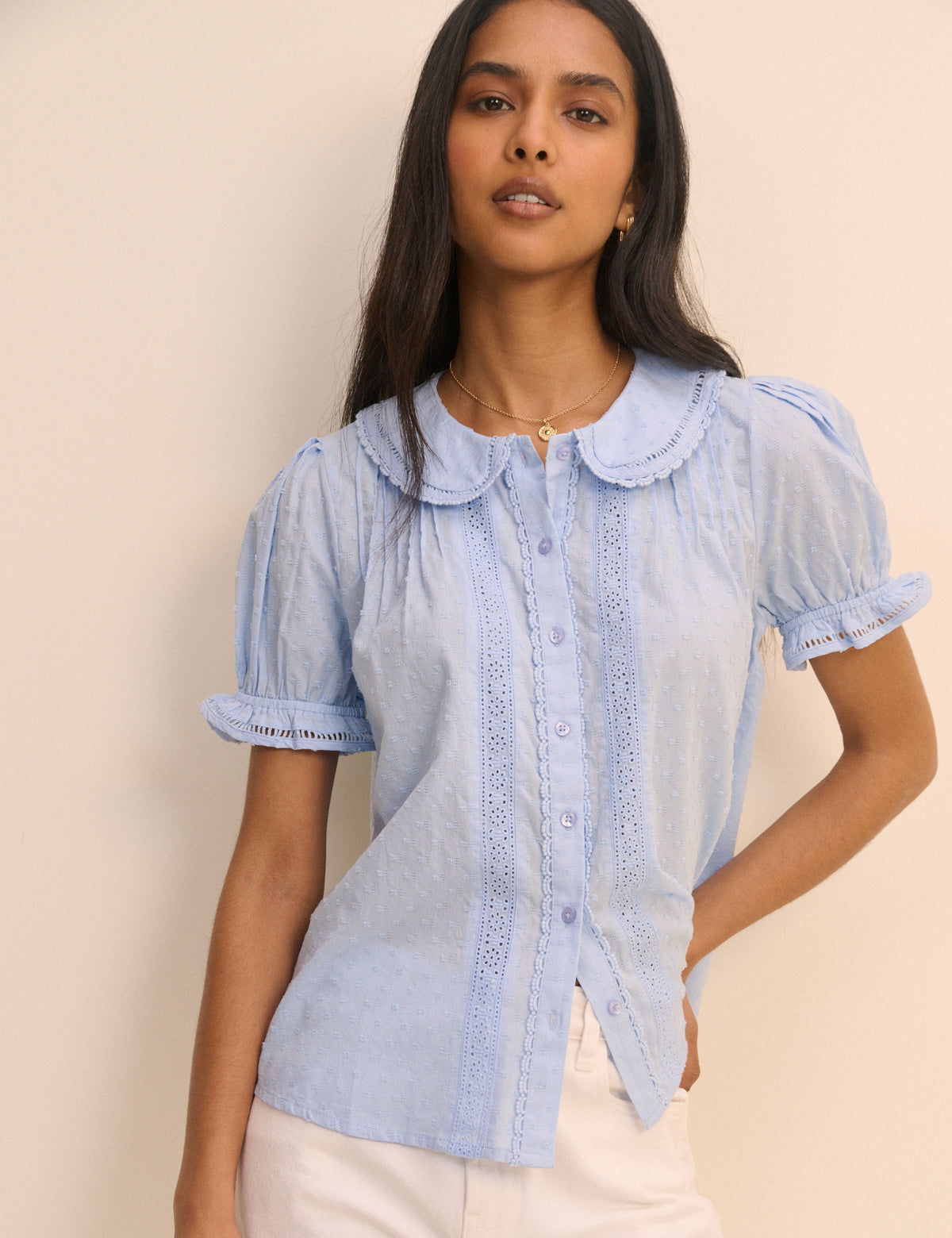 Light Blue Broderie Anglaise Peter Pan Collar Blouse
